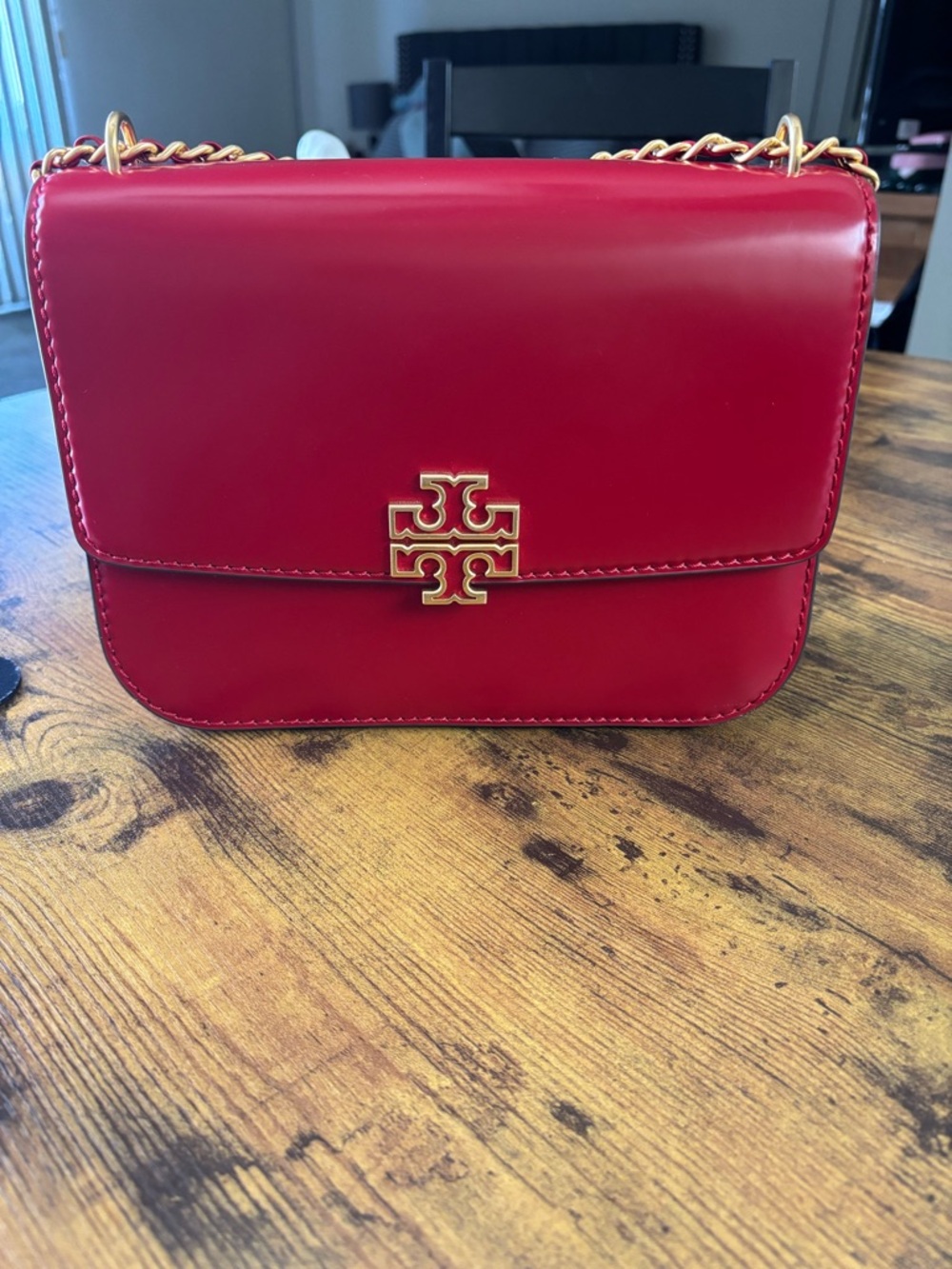 Tory Burch Red Leather Chain Crossbody with Gold Logo